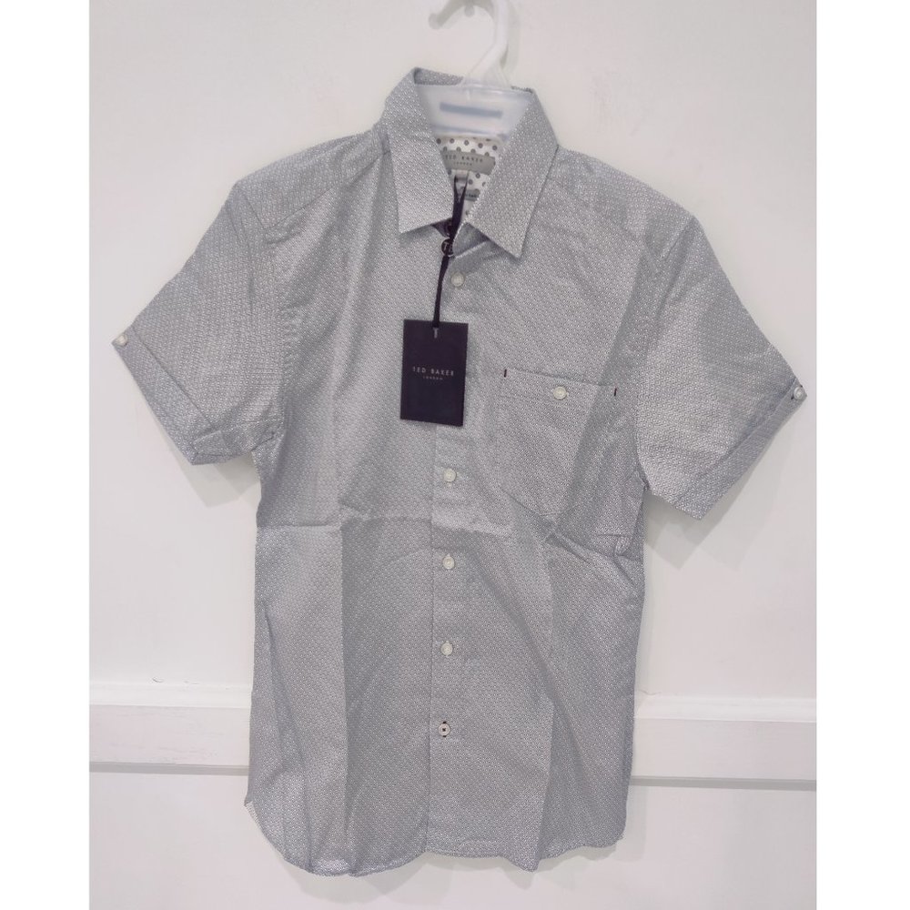 NWT Ted Baker London DONALD Short Sleeve Geo Print Shirt Navy Size XS $150 JK249